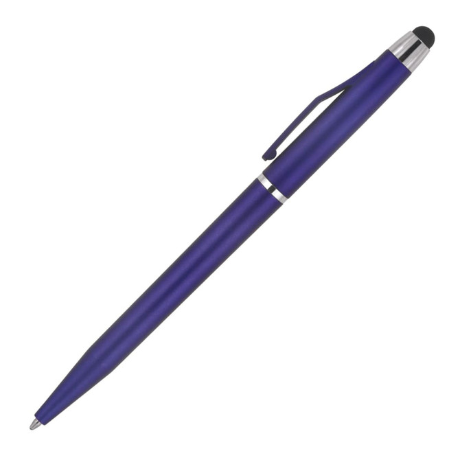 A ballpoint stylus pen in a deep purple colour with a metallic silver clip and tip. It features a logo on the barrel.