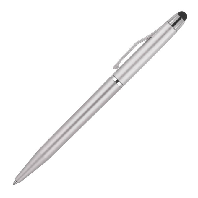 A silver ballpoint pen with a stylus tip, featuring a clip and a sleek, modern design.