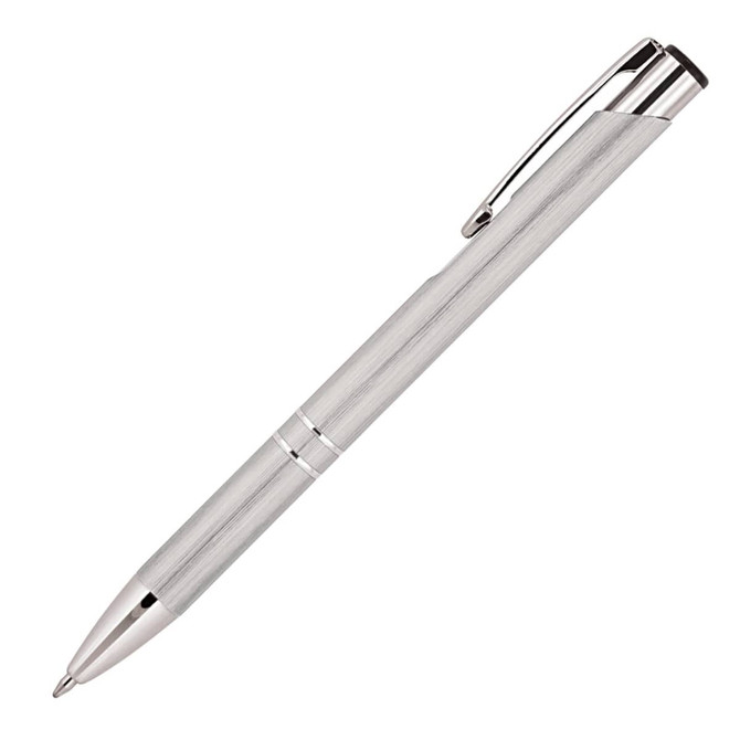 A metal ballpoint pen in brushed silver, featuring a shiny clip and accents, with a logo on the barrel.