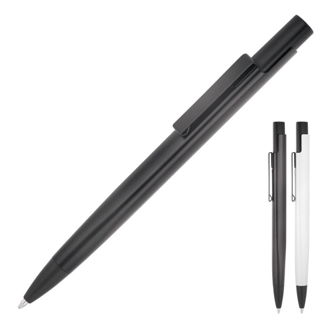 A matte black ballpoint pen with a clip, accompanied by a black and a white variant. Features a simple, sleek design.