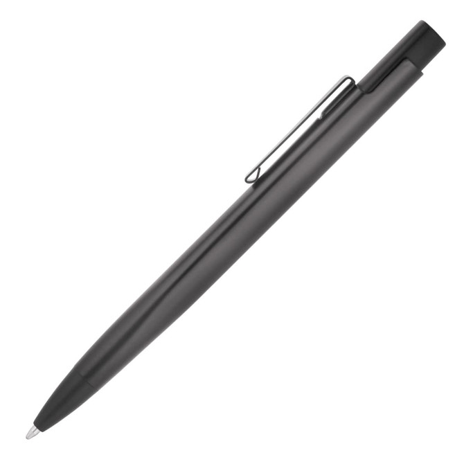 A matte black metal ballpoint pen with a clip, featuring a sleek, modern design. It has branding on the body.