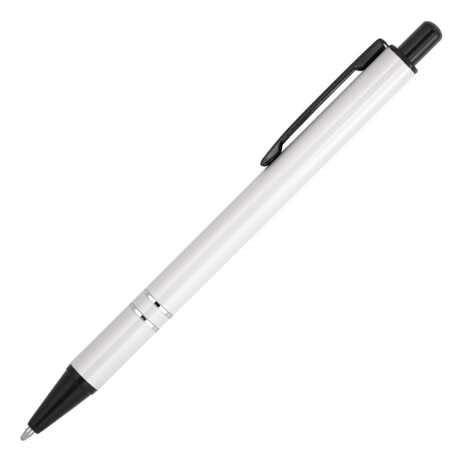 A metal ballpoint pen in white and black, featuring a sleek design and a clip for attachment.