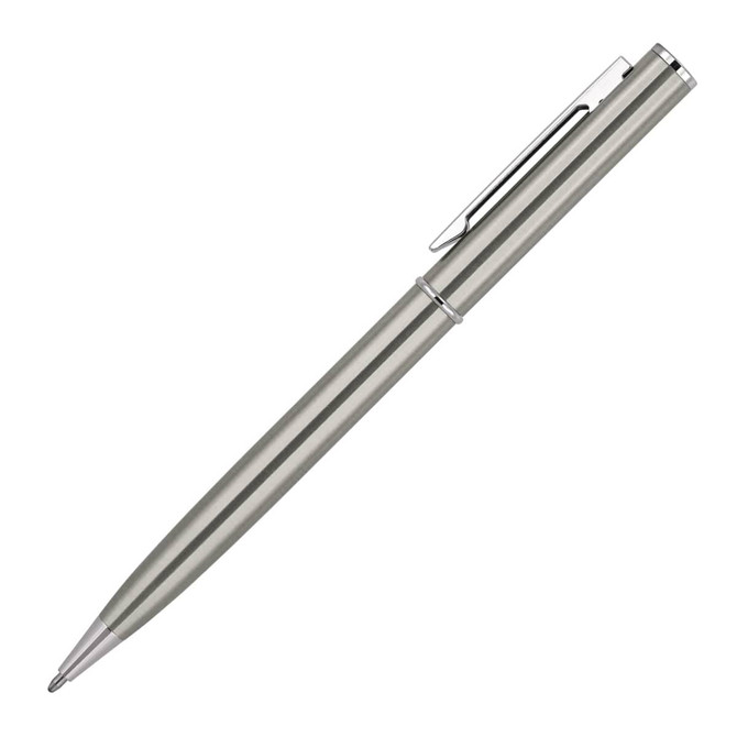 A metal ballpoint pen in a sleek silver finish with a clip and a branded element.
