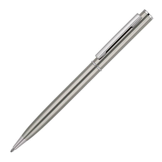 A ballpoint pen in a sleek silver finish with a polished clip and detailing, featuring a branding logo.