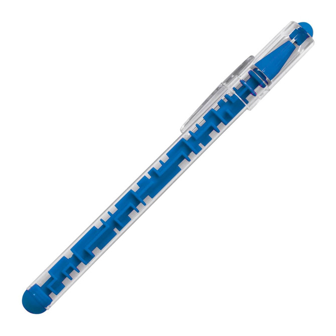 A plastic ballpoint pen with a transparent body and blue accents, featuring a clip and a logo.