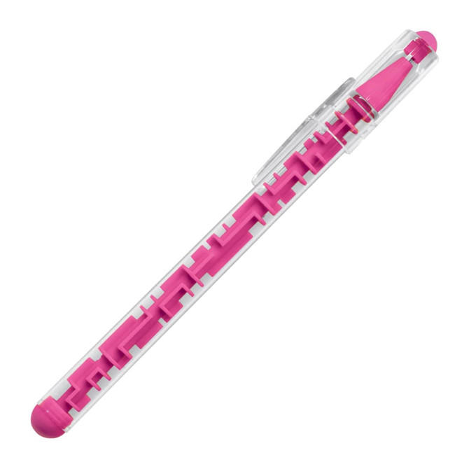 A ballpoint pen in pink with a transparent barrel, featuring a design on the side and a clip on top.