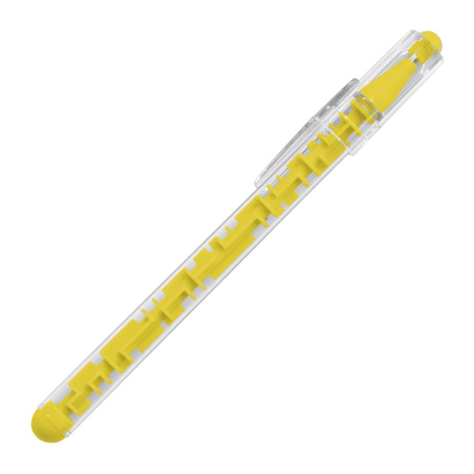 A yellow ballpoint pen with a transparent body and a clip. It features a decorative design along the barrel and has a logo.