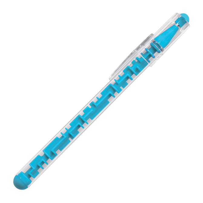 A ballpoint pen with a transparent body and bright blue accents, featuring a clip and a unique design.