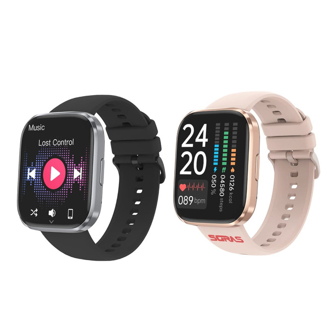 A square smartwatch in black and a rose gold variant, featuring various display interfaces and a logo.
