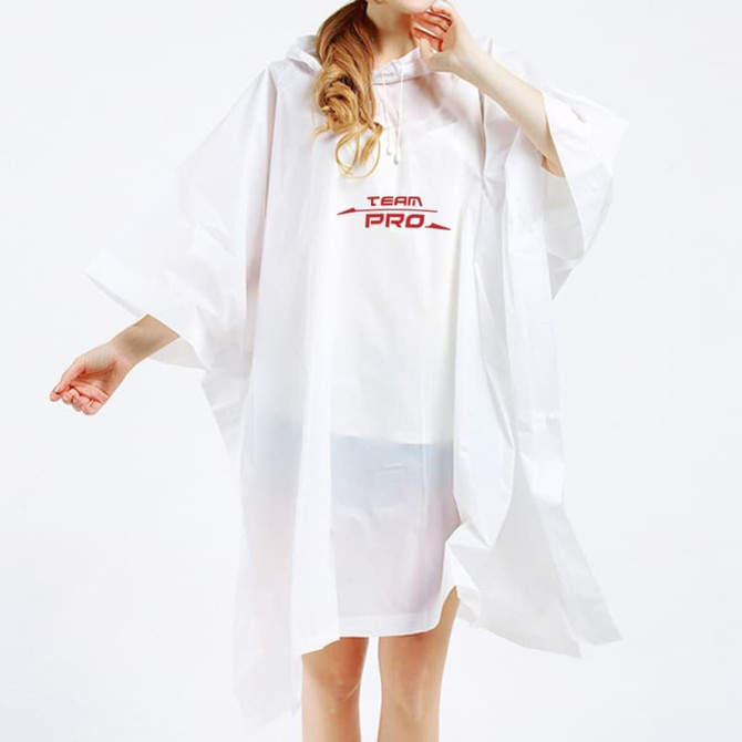 A white reusable PEVA rain poncho with a hood, featuring a logo on the front, designed for adults. A white reusable PEVA rain poncho with a hood, featuring a logo on the front, designed for adults.