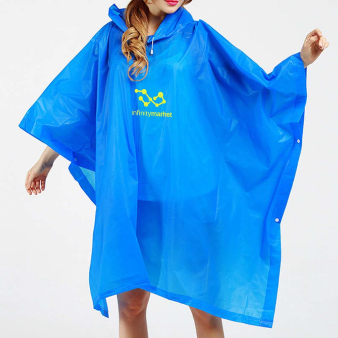 A blue reusable PEVA rain poncho with a hood and logo, featuring a loose, comfortable fit. A blue reusable PEVA rain poncho with a hood and logo, featuring a loose, comfortable fit.