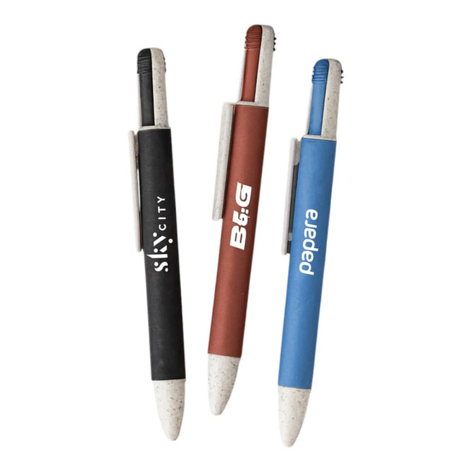 Three eco-friendly pens in black, red, and blue, featuring a natural, textured barrel and clips. Each has a logo.