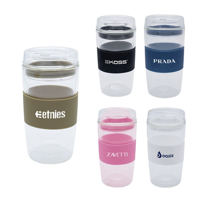 A collection of reusable coffee cups in various colours with silicone grips and lids, featuring different logos.