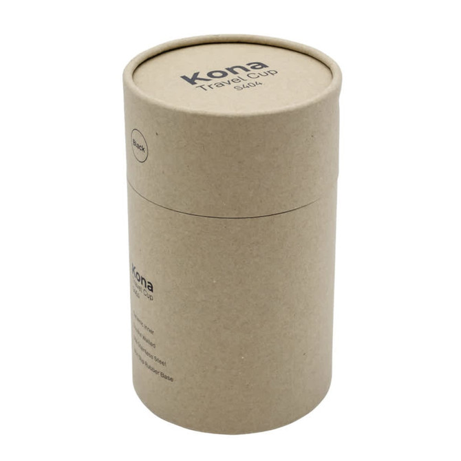 A travel cup packaged in a cylindrical cardboard container, featuring a simple design with a logo.