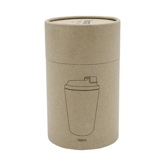A travel mug packaging in a cylindrical cardboard box, featuring a simple design and measuring 350ml.