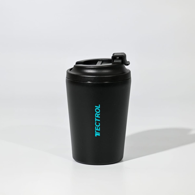 A black travel cup with a lid and a logo, featuring a matte finish.