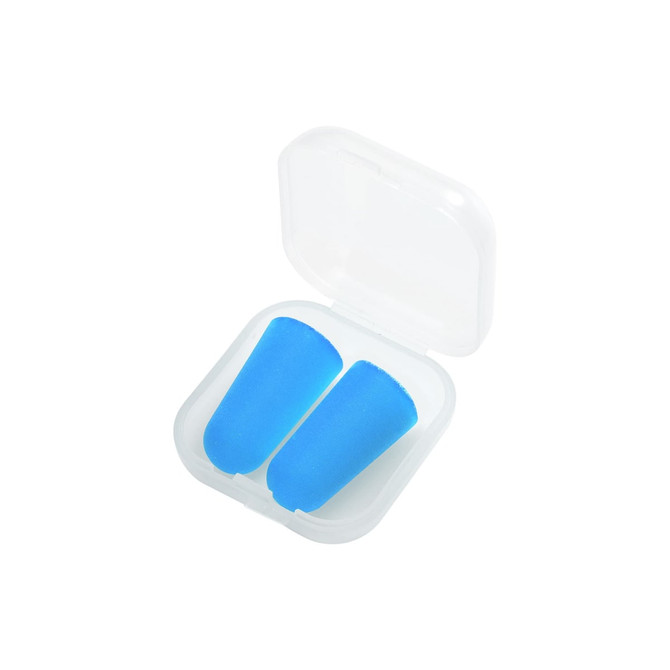 A pair of blue ear plugs in a clear plastic case, neatly organised inside.