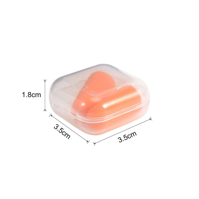 An orange pair of earplugs stored in a clear plastic case with measurements provided.