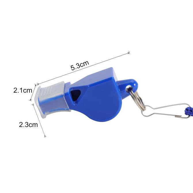 A blue plastic whistle with a keychain attachment, measuring 5.3 cm by 2.3 cm.