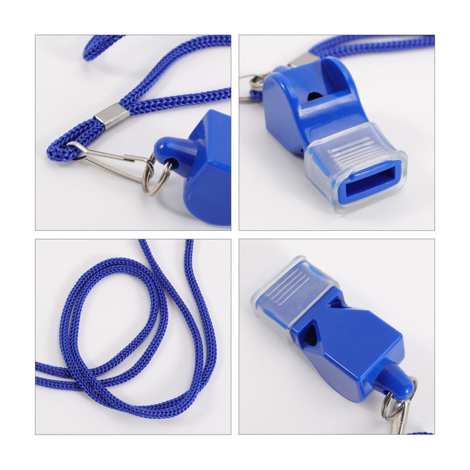 A blue plastic whistle with a clear mouthpiece, attached to a braided blue lanyard.