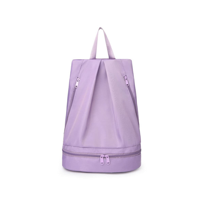 A purple backpack with a handle and zippers, featuring a wet and dry separation compartment and a logo.