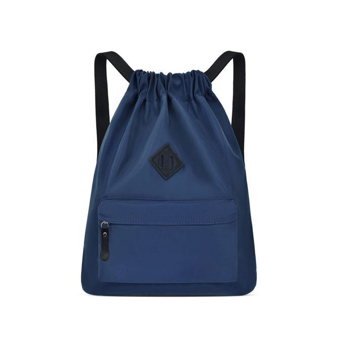 A lightweight drawstring backpack in navy blue with a front zippered pocket and a logo.