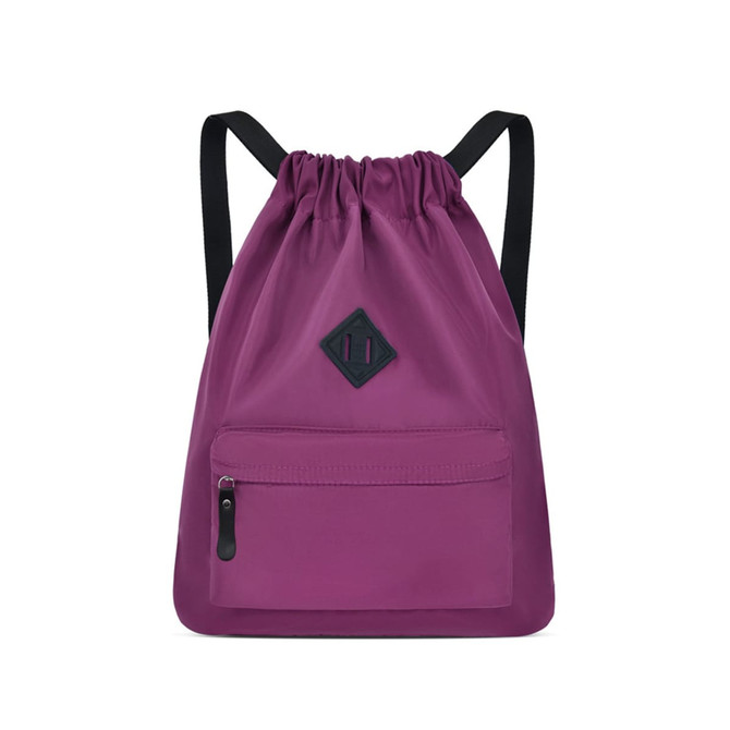 A lightweight drawstring backpack in a vibrant purple colour with black straps and a front zip pocket. It features a logo.