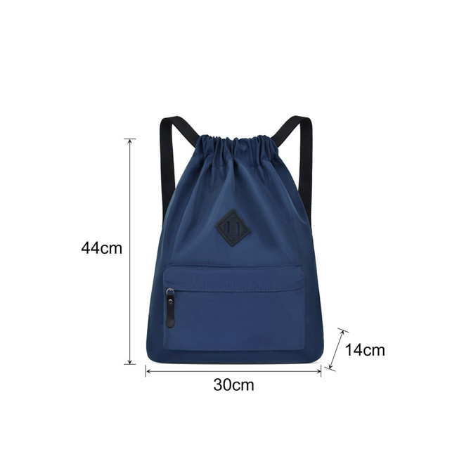 A navy lightweight drawstring backpack with a front pocket and black straps, featuring a logo on the front.