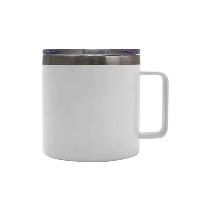 A drink bottle with a white exterior and stainless steel top, featuring a handle and a lid. It has a logo.