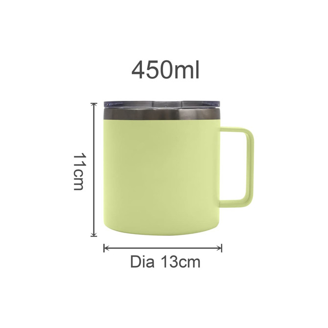 A recycled stainless steel coffee cup in light green with a handle, featuring dimensions for capacity and size.