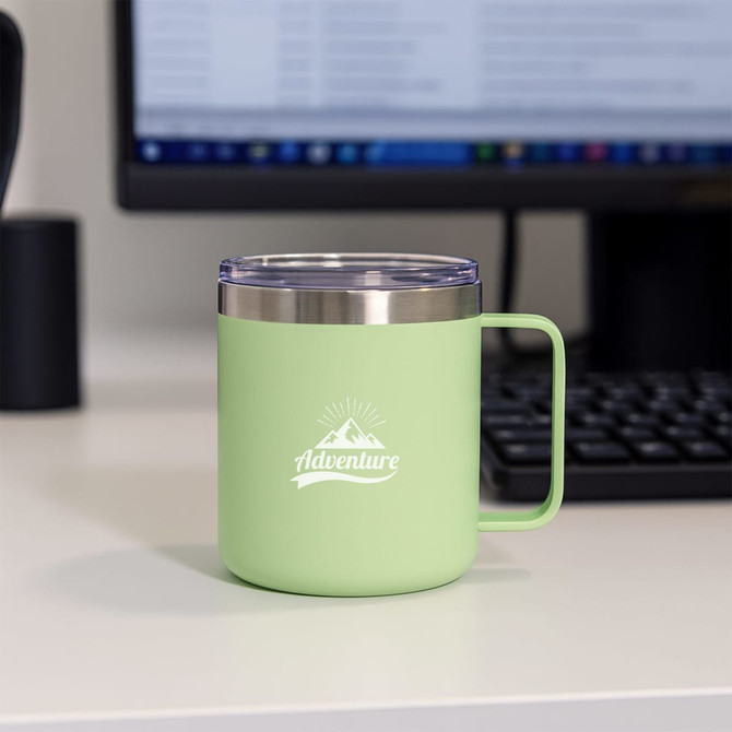 A drink bottle in pastel green with a stainless steel rim and handle, featuring a logo.