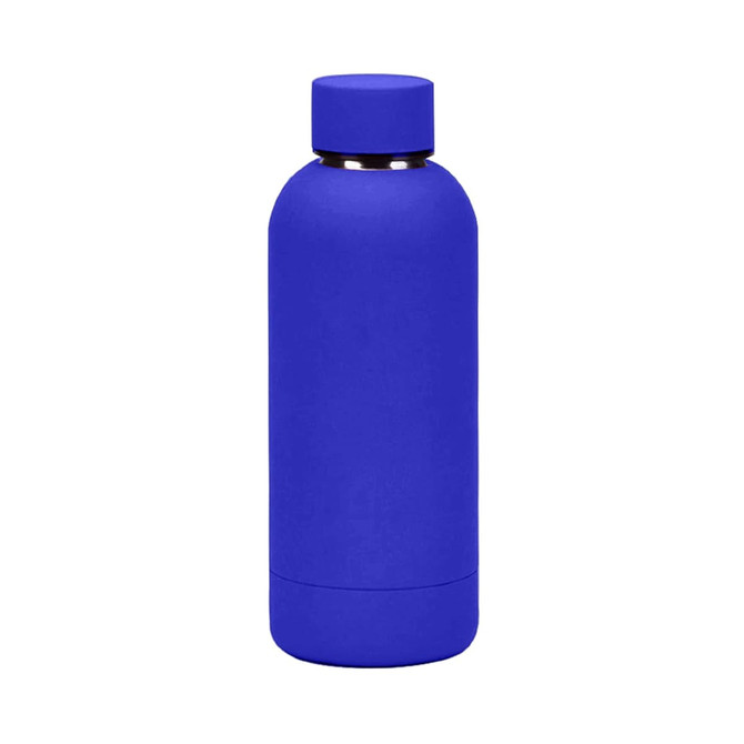 A drink bottle in vibrant blue, made of insulated stainless steel, featuring a smooth, matte finish and a lid.