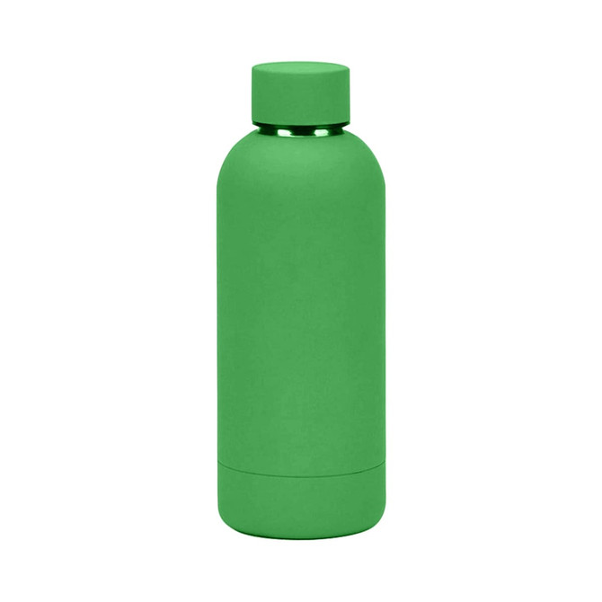 A drink bottle in a vibrant green colour with a smooth matte finish and a cylindrical shape. It has a logo at the base.