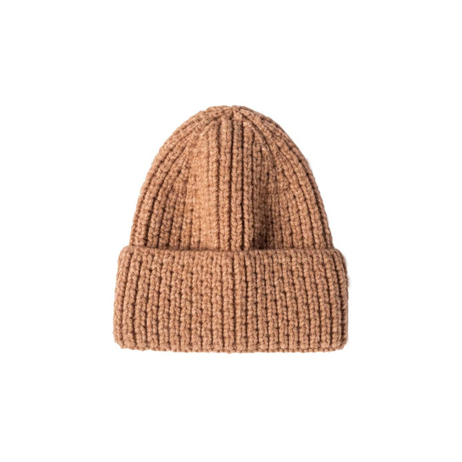 A twisted cable cuffed beanie in a warm brown colour, featuring a ribbed texture and a folded cuff.