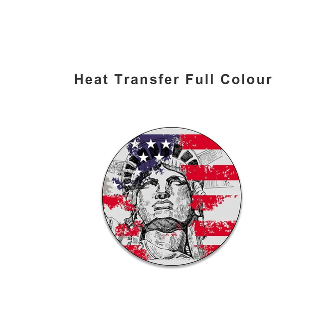 A round heat transfer design featuring the Statue of Liberty against a background of red and white stripes with blue accents.