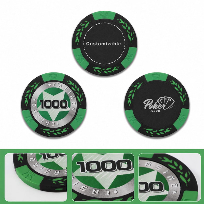 Three clay poker chips in black and green, featuring a silver inlay with the number "1000" and a logo.