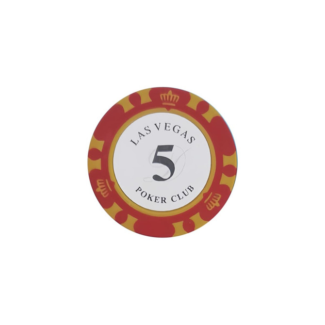 A round red poker chip featuring a white centre with a number five and a decorative gold and yellow border, including a logo.