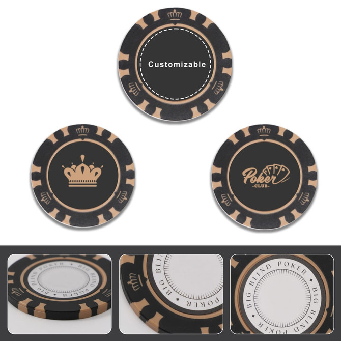 A set of black and gold clay poker chips featuring a crown design and a customizable centre.