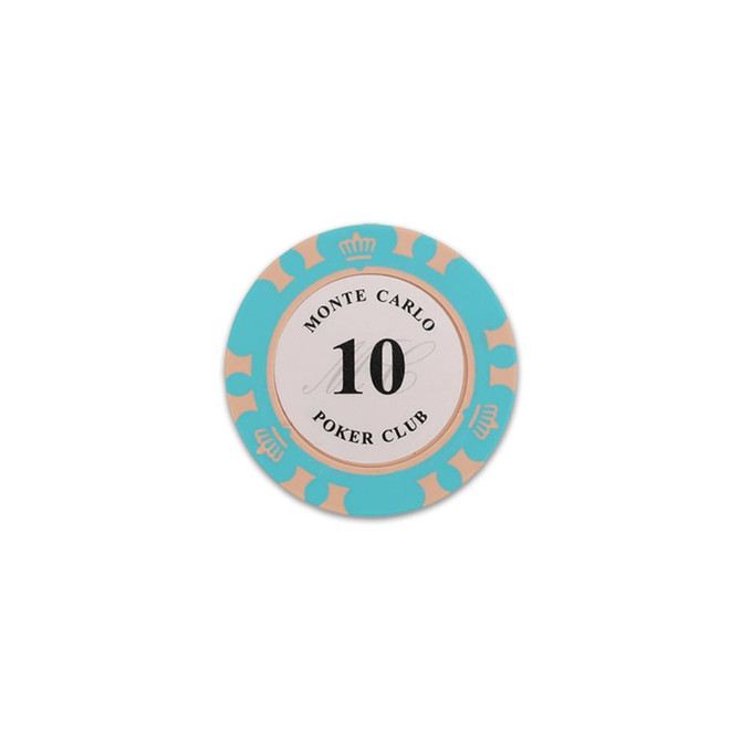 A round poker chip in turquoise and beige, featuring a white centre with the number 10 and a design around the edge.