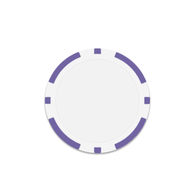 A round poker chip with a white centre and purple edges, featuring a simple design.
