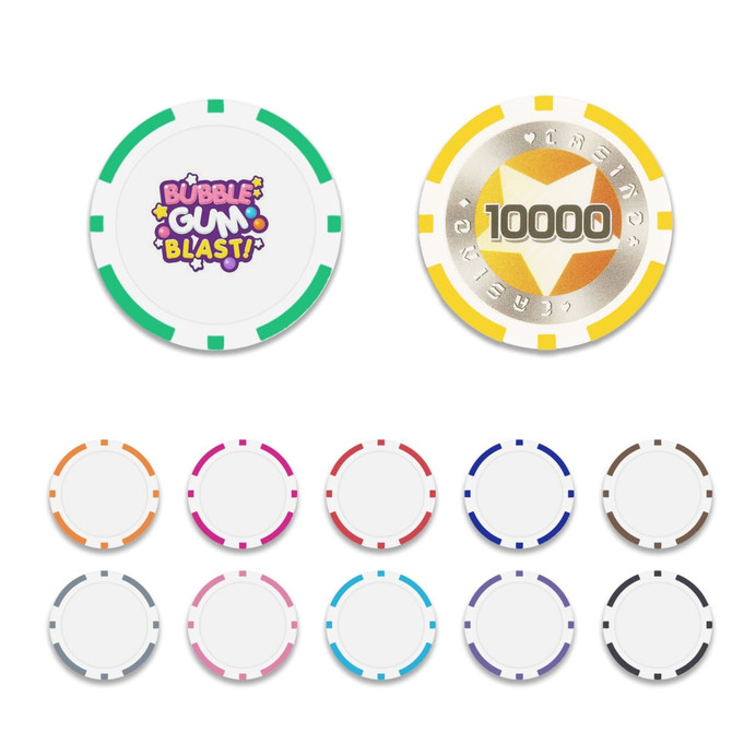 A set of colourful poker chips, including pink, purple, blue, green, and yellow, with one featuring a logo and a value of 10,000.