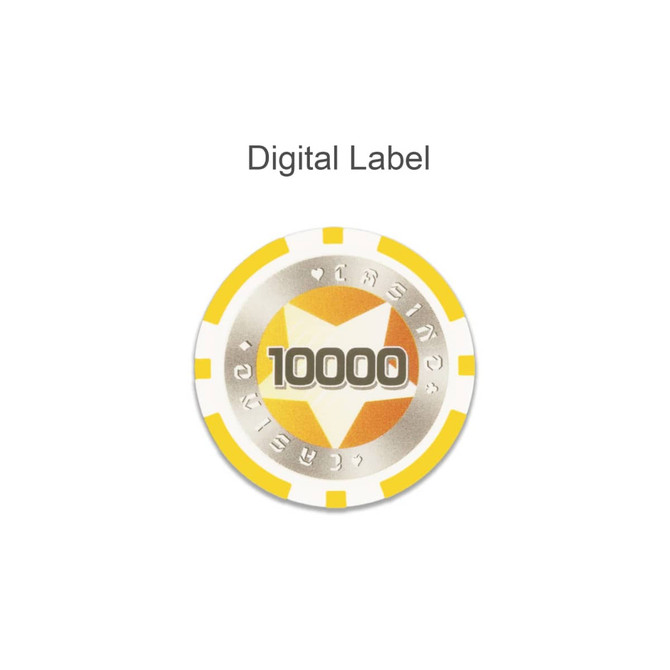 A poker chip in gold and white with yellow accents, featuring a star design and the number "10000."