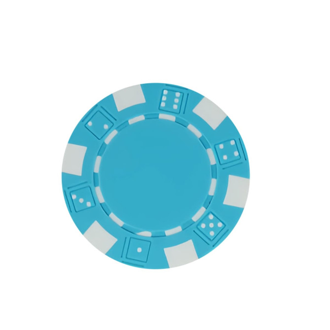 A blue poker chip with white accents and dotted designs, featuring a logo in the centre.