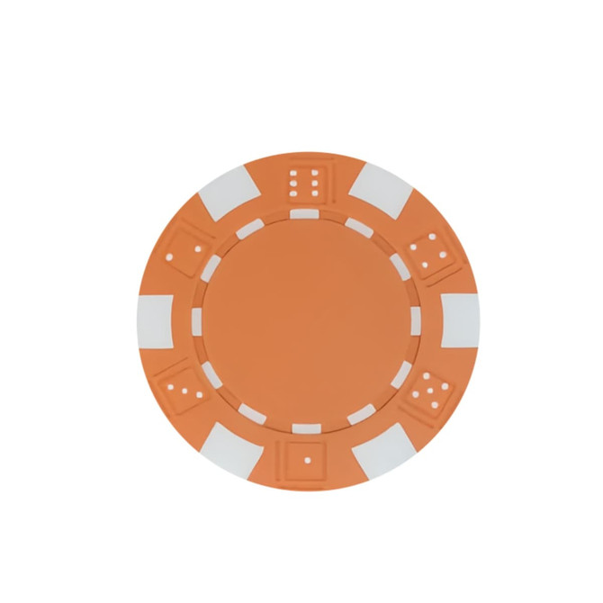 An orange poker chip with white segments and dots, featuring a circular design. It includes a logo in the centre.