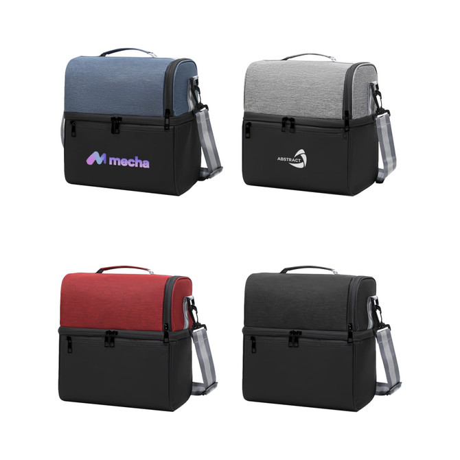 A two-compartment lunch bag in blue, grey, red, and black, featuring various logos. It has a handle and detachable strap.