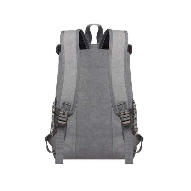 A grey cooler backpack featuring padded shoulder straps and mesh side pockets. Branding visible on the product.