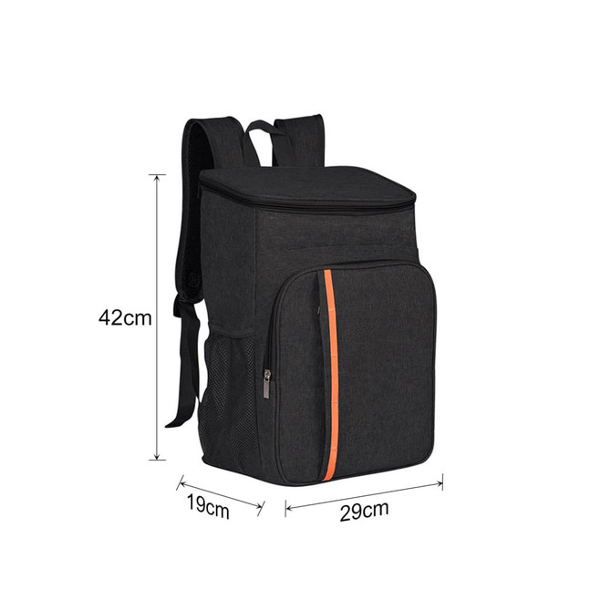 A large capacity cooler backpack in black with an orange stripe, featuring adjustable straps and multiple pockets.