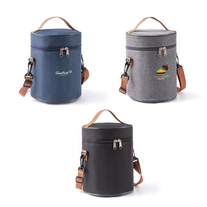 Three cylindrical lunch bags in navy, grey, and black, featuring zip closures and adjustable straps. One has a logo.