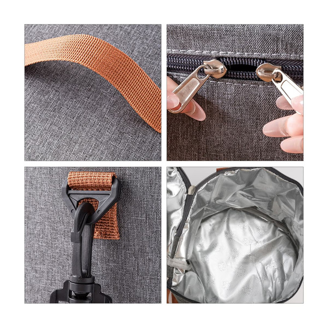 A grey cylindrical lunch bag features a zipper, a strap, a clip, and an insulated interior. It also has a logo.