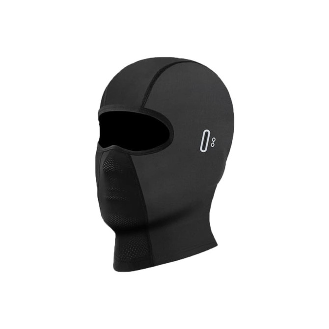 A black breathable balaclava cycling face mask with a textured design and a logo on the side.